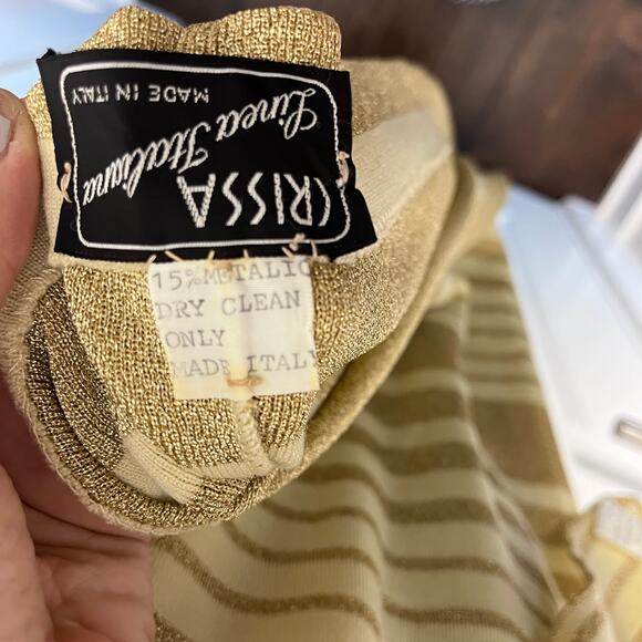 VTG Crissa Shawl V-Neck Midi Dress Set Wool Metallic Gold Italy XS/S Old Money - Picture 7 of 10